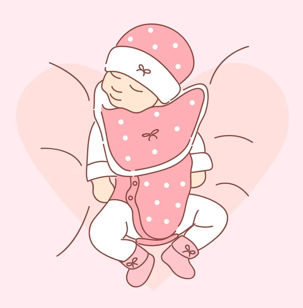 Cute Newborn Baby Lying Swaddled Pink Blanket Hand Drawn Style — Stock Vector