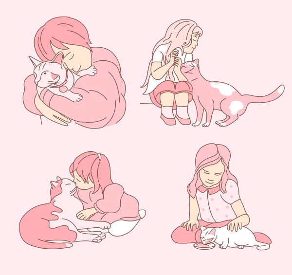 Menina Cuidando Seu Gato Desenho Vetor Estilo Desenhado Mão Ilustração — Vetor de Stock