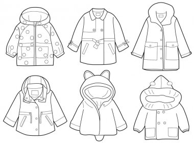 vector illustration of Collection of fashionable children's clothing. coloring book clipart