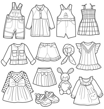 moda çocuk giyim koleksiyonu vektör illüstrasyon. boyama kitabı