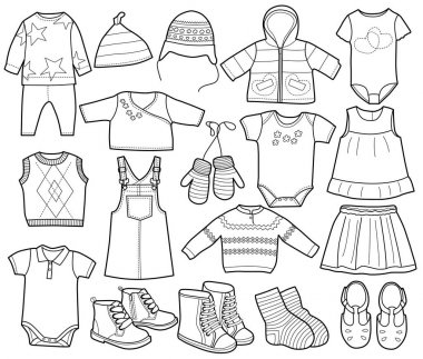 moda çocuk giyim koleksiyonu vektör illüstrasyon. boyama kitabı