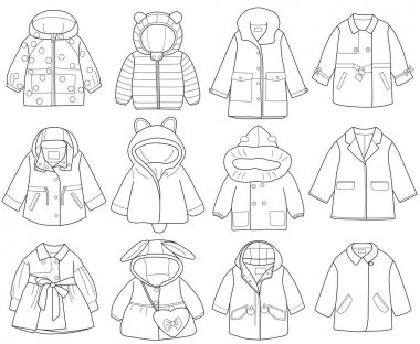 moda çocuk giyim koleksiyonu vektör illüstrasyon. boyama kitabı