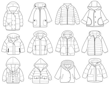 moda çocuk giyim koleksiyonu vektör illüstrasyon. boyama kitabı