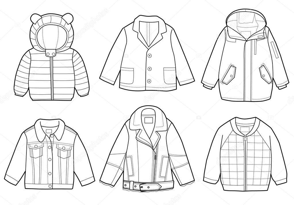 vector illustration of Collection of fashionable children's clothing. coloring book