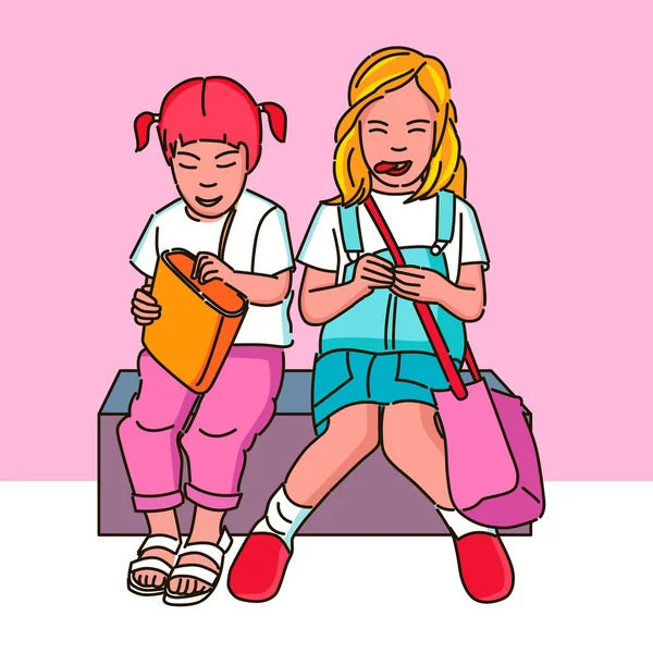 ピンクの背景に座っている2人の女子高生 — ストックベクタ