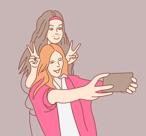 Дві Щасливі Молоді Дівчата Беруть Селфі Смартфоном — стоковий вектор
