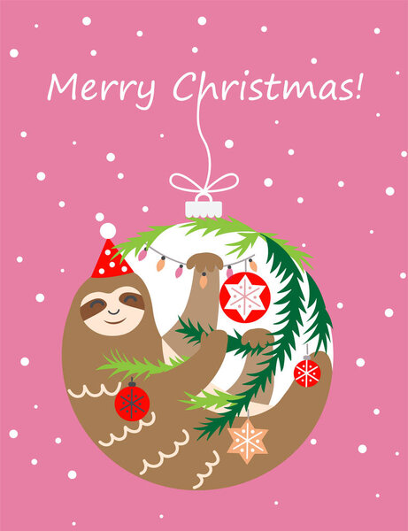 cute sloth christmas tree ball, merry christmas text on pink background
