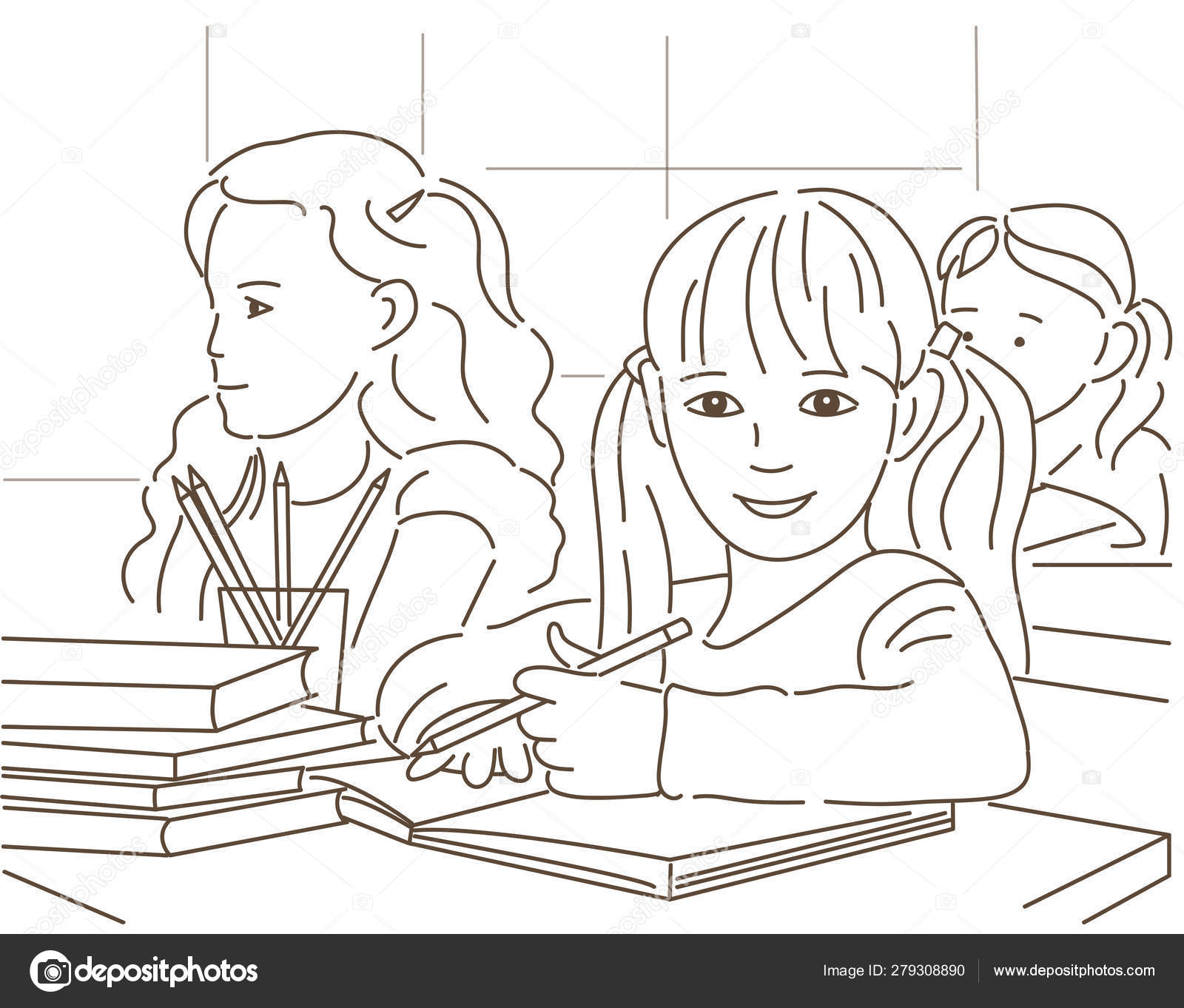 レッスン 机に座って学習する学校の生徒のベクトル漫画のイラスト
