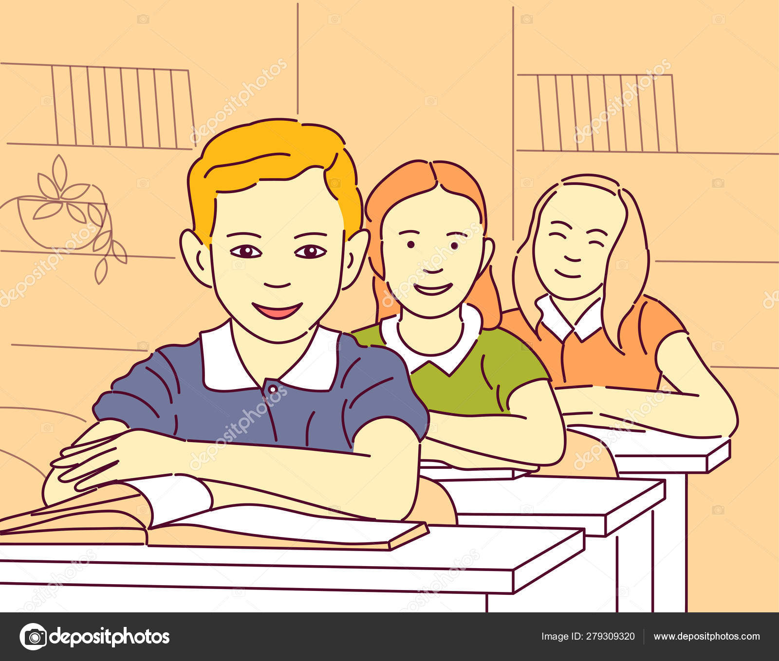 Vector Cartoon Illustration School Pupils Lesson Girls Boy Sitting