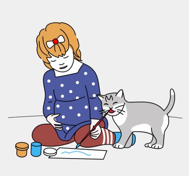 Küçük kız bir kedi ile çizim, vektör tasarım illüstrasyon