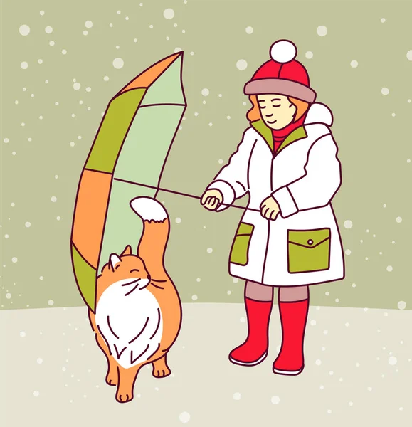 小さな女の子が雨から傘で猫を覆っている ベクトルデザインイラスト — ストックベクタ