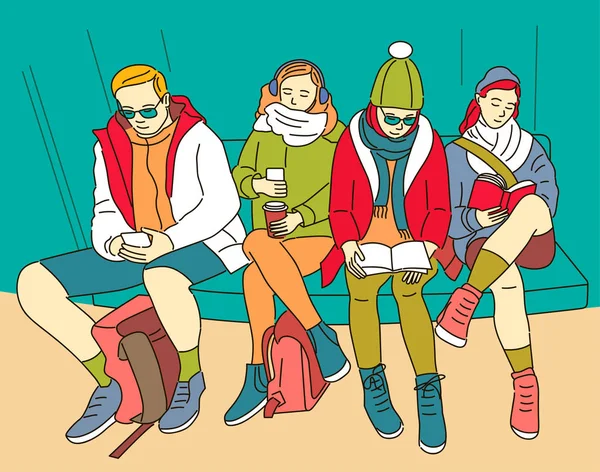 ソファに座りながら本やスマートフォンを読む4人の友人 ベクトル漫画アートイラスト — ストックベクタ