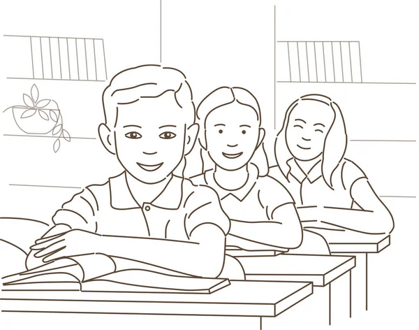 レッスンの学校の生徒のベクトル漫画のイラスト 机に座っている女の子と男の子 — ストックベクタ