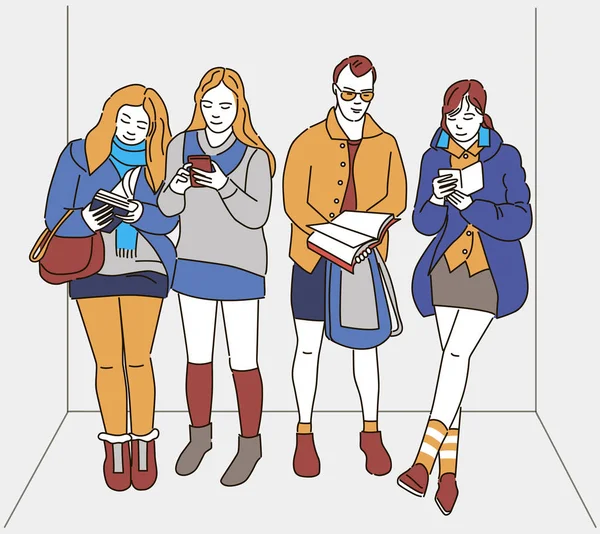 本やスマートフォンを読む4人の友人 ベクトル漫画アートイラスト — ストックベクタ
