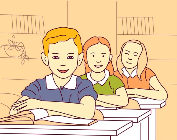 Vector Cartoon Illustration School Pupils Lesson Girls Boy Sitting Desk — Stock Vector