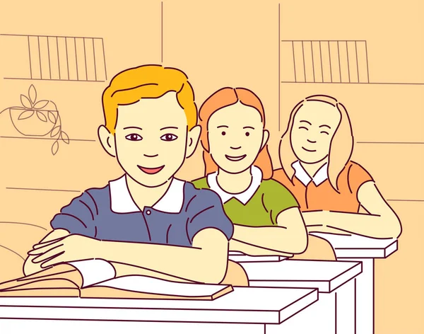 Desenho Animado Vetor Ilustração Alunos Escola Sobre Lição Meninas Menino —  Vetores de Stock