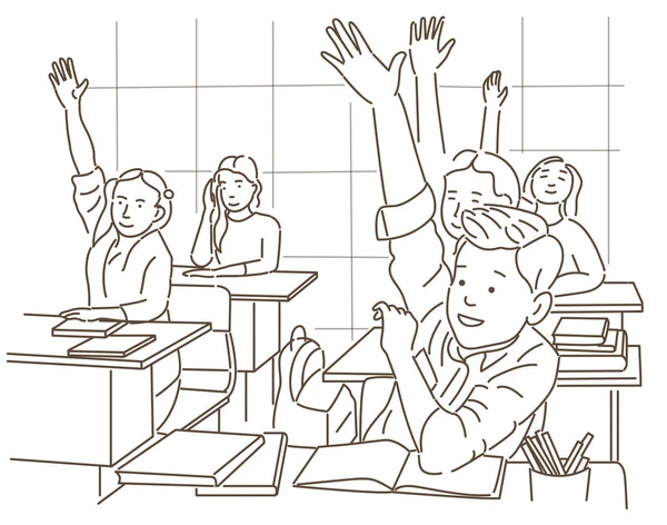 教室での授業中の学校の生徒のベクトル漫画イラスト 黒と白のインク — ストックベクタ