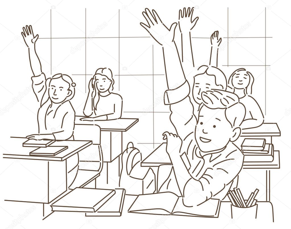 vector cartoon illustration of school pupils on lesson in class room, black and white ink