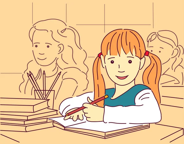 Desenho Animado Vetorial Ilustração Alunos Escola Lição Sentado Mesa Aprendizagem —  Vetores de Stock