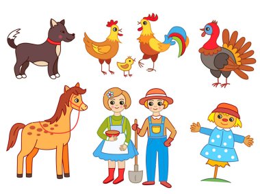 Beyaz arka plan üzerinde evcil hayvanlar ve çiftçilerin çift Karikatür koleksiyonu