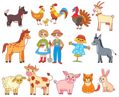 Beyaz arka plan üzerinde evcil hayvanlar ve çiftçilerin çift Karikatür koleksiyonu