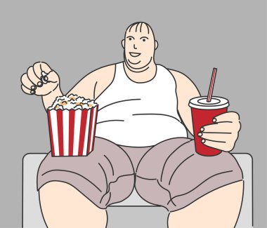 Obez adam koltuk üzerinde oturan, soda içme ve Popcorn yeme, obezite kavramı