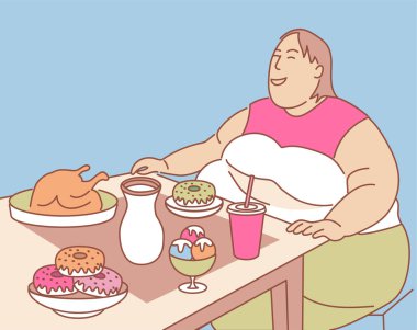Obez kadın sağlıksız gıda, obezite kavramı yemeye hazır