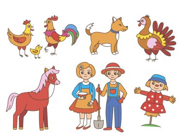 Beyaz arka plan üzerinde evcil hayvanlar ve çiftçilerin çift Karikatür koleksiyonu