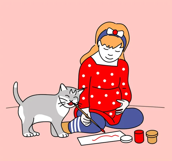床に座って絵を描く灰色の猫を持つ女の子 — ストックベクタ