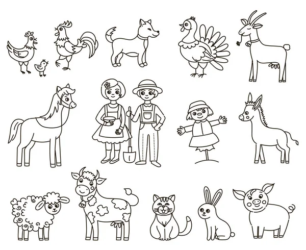 Colección Dibujos Animados Animales Domésticos Pareja Agricultores Sobre Fondo Blanco — Archivo Imágenes Vectoriales