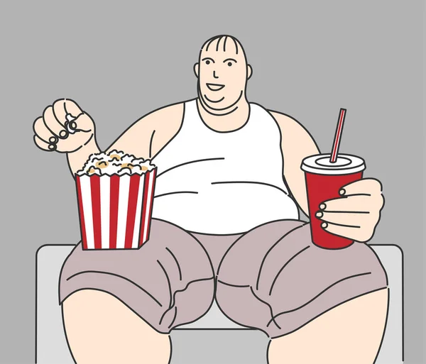 Zwaarlijvige Man Zittend Fauteuil Soda Drinken Het Eten Van Popcorn — Stockvector