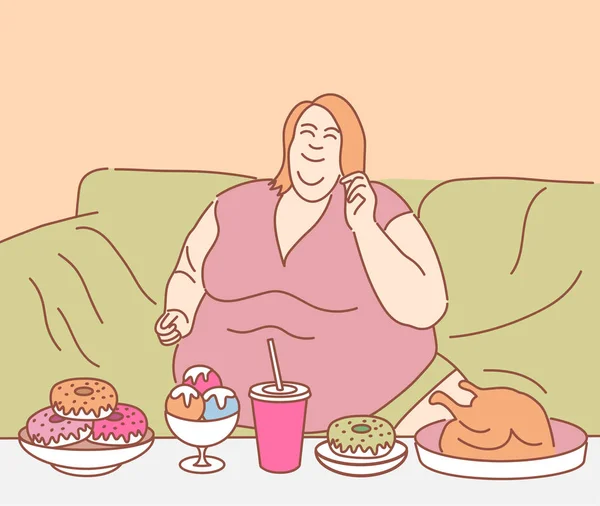 Mujer Obesa Lista Para Comer Alimentos Poco Saludables Concepto Obesidad — Vector de stock