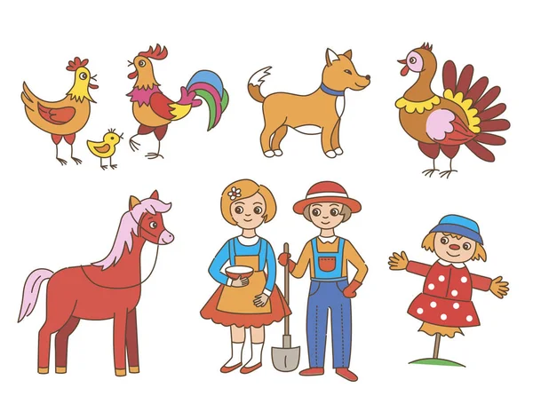 Beyaz arka plan üzerinde evcil hayvanlar ve çiftçilerin çift Karikatür koleksiyonu