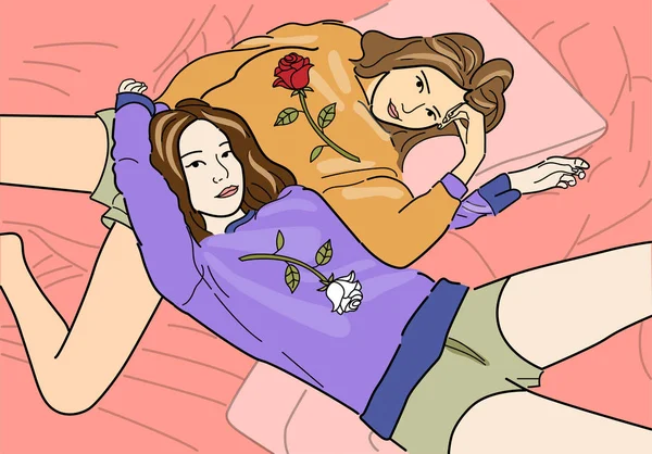 手绘卡通女性朋友躺在柔和的背景 — 图库矢量图片