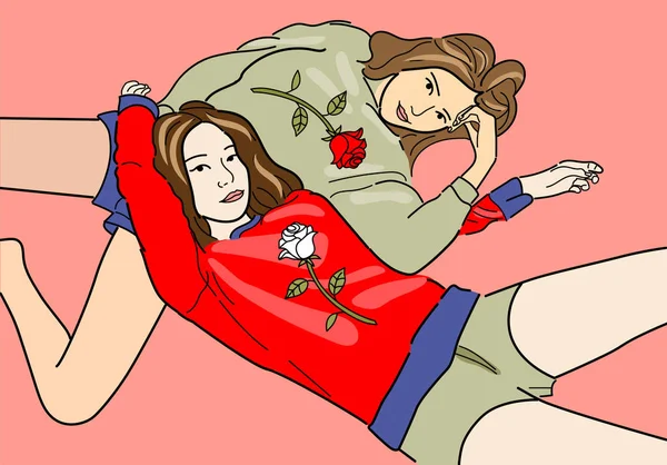 手绘卡通女性朋友躺在柔和的背景 — 图库矢量图片