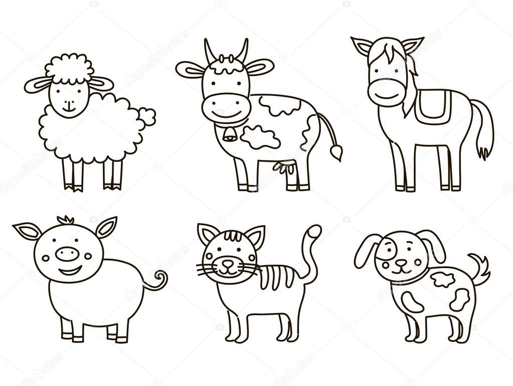 Cartoon collection of domestic animals on white background
