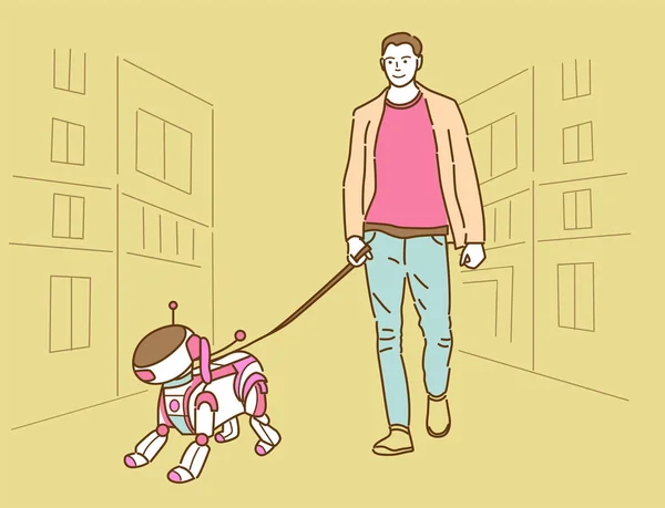 Κινούμενα Σχέδια Άνθρωπος Περπάτημα Δύο Ρομπότ Σκύλος Τοπίο Της Πόλης — Διανυσματικό Αρχείο