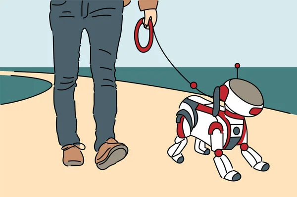 Caractère Bande Dessinée Homme Marchant Avec Robot Chien Sur Plage — Image vectorielle