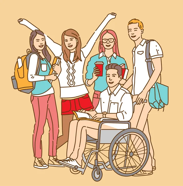 Grappige Groep Studenten Met Gehandicapte Vriend Rolstoel Concept Van Studenten — Stockvector