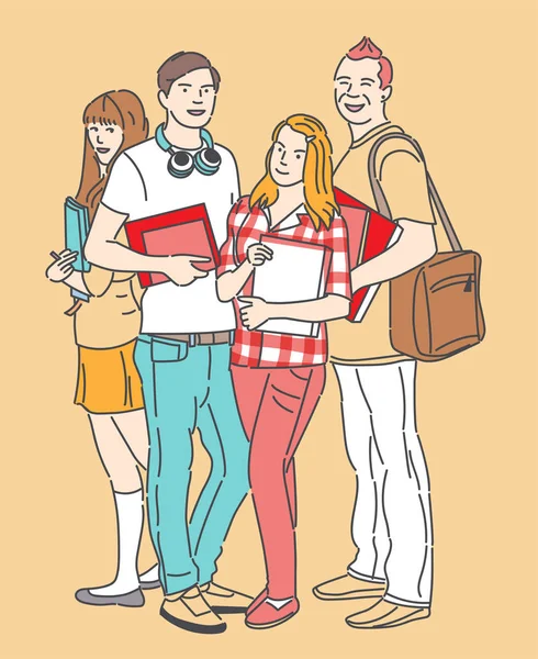 バックパックや教科書を持つ学生の面白いグループ 大学教育の概念 — ストックベクタ