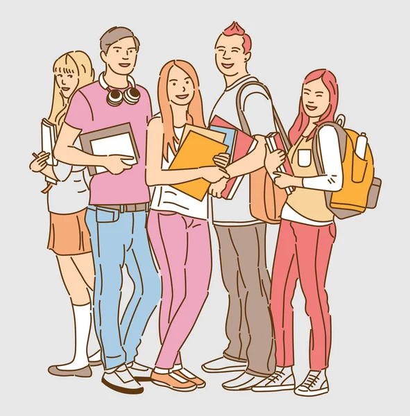 Divertido Grupo Estudiantes Con Mochilas Libros Texto Concepto Educación Universitaria — Vector de stock