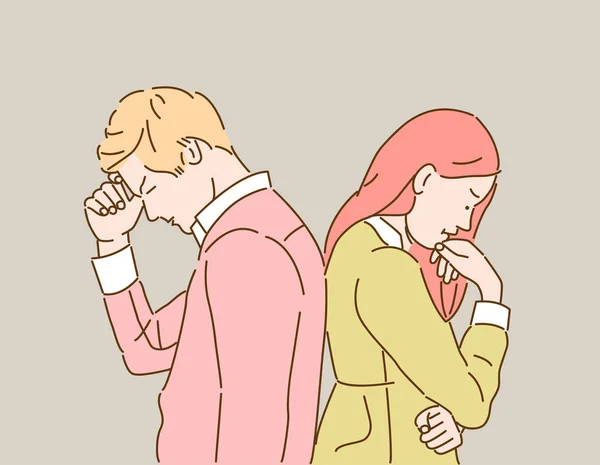 卡通人物的悲伤男人与女人背对背 在关系中争吵的概念 — 图库矢量图片