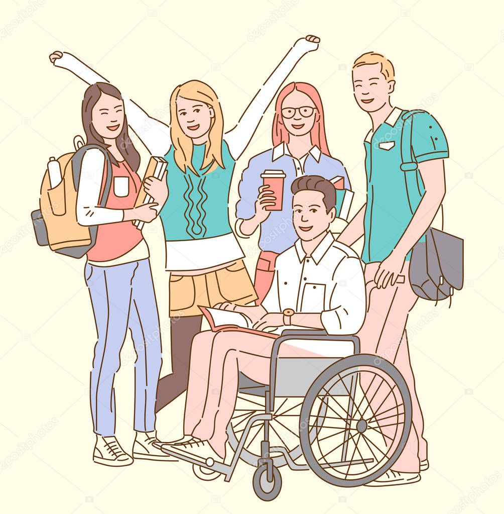 Funny group of students with disabled friend on wheelchair, Concept of students with special needs 