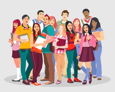 İnsanlar ve Eğitim. Kitaplı mutlu uluslararası öğrenciler grubu. Düz bir tarzda vektör çizimi