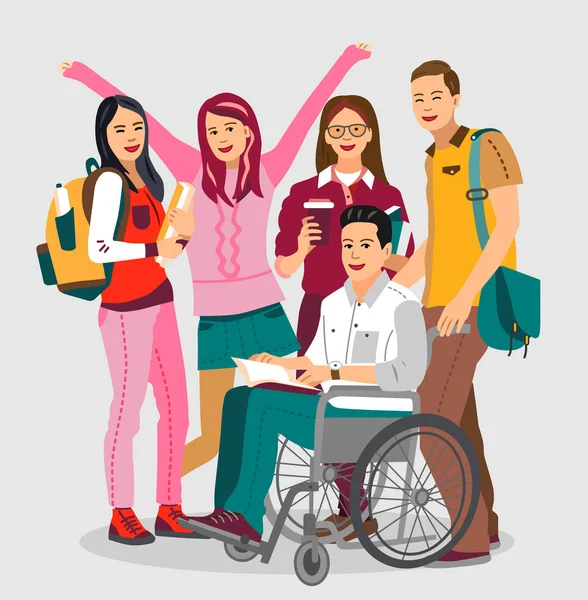 Groupe Étudiants Heureux Avec Ami Handicapé Fauteuil Roulant — Image vectorielle