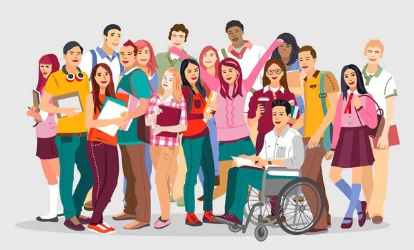 車椅子で障害のある友人と幸せな学生のグループ — ストックベクタ