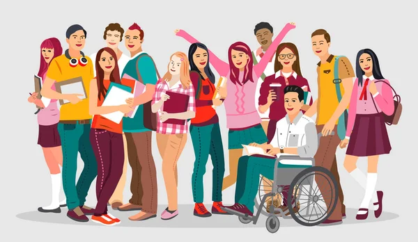 Grupa Szczęśliwych Uczniów Niepełnosprawnym Przyjacielem Wózku Inwalidzkim — Wektor stockowy