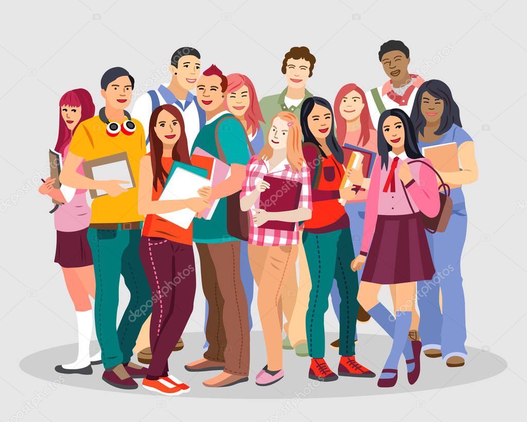 People and Education. Group of happy international students with books. Vector illustration in a flat style