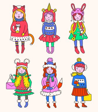 Noel kostümlü küçük kızlar, vektör çizimi