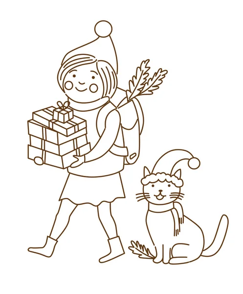 Χαριτωμένο Κορίτσι Κινουμένων Σχεδίων Δώρα Και Γάτα Χριστούγεννα Εικονογράφηση — Διανυσματικό Αρχείο